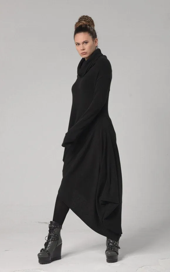 Knitted Asymmetric Turtleneck Dress In Black