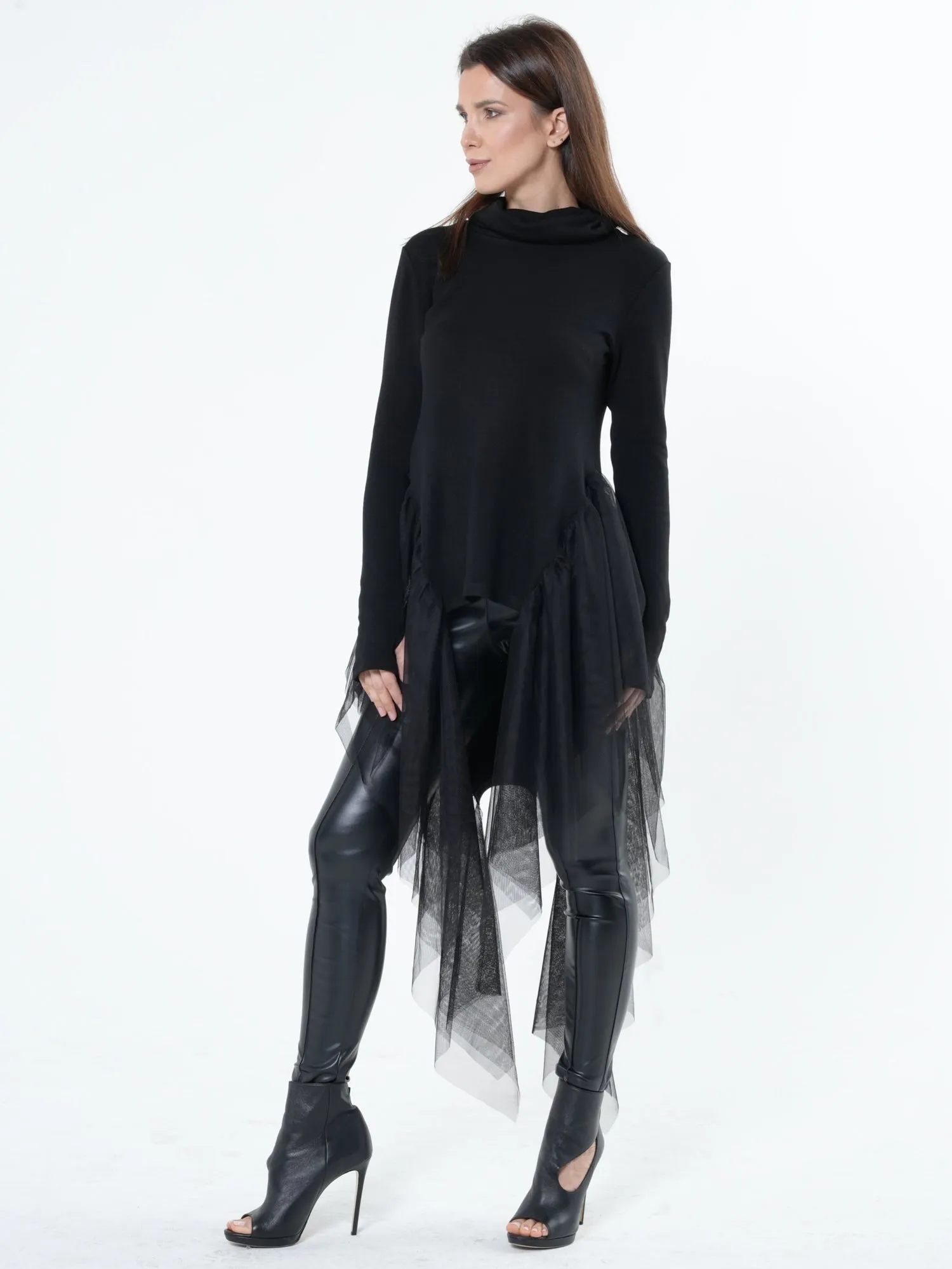 Knitted Turtleneck Tunic With Tulle