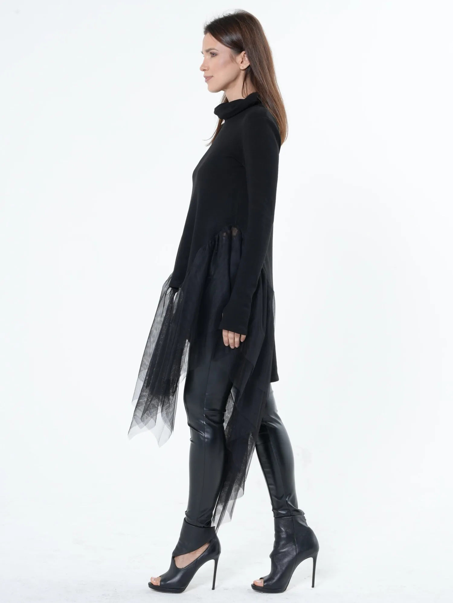 Knitted Turtleneck Tunic With Tulle