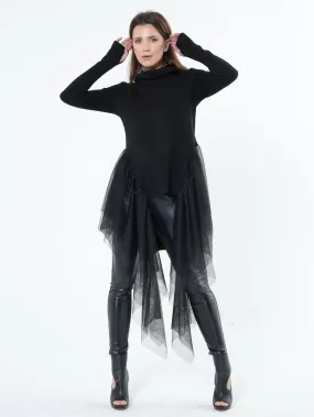 Knitted Turtleneck Tunic With Tulle