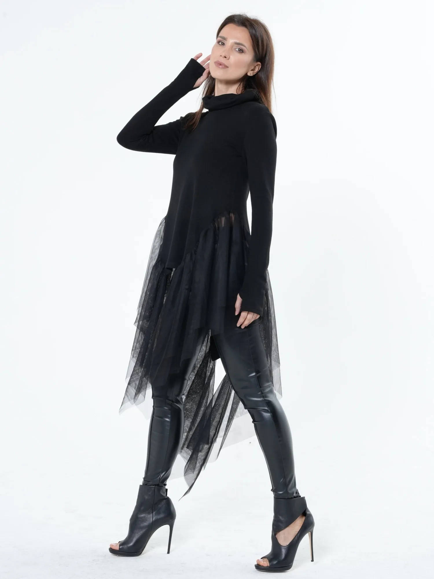 Knitted Turtleneck Tunic With Tulle