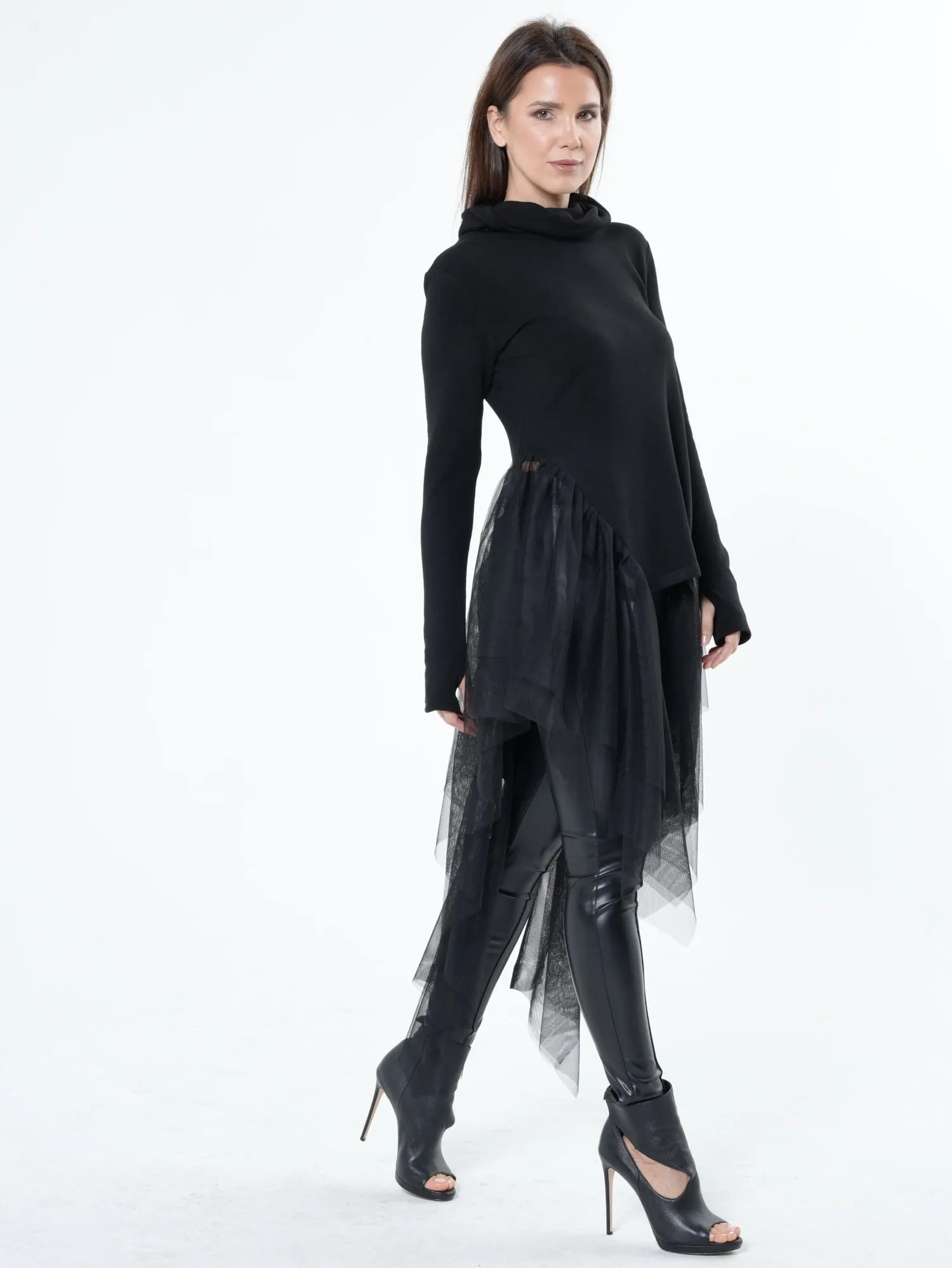 Knitted Turtleneck Tunic With Tulle