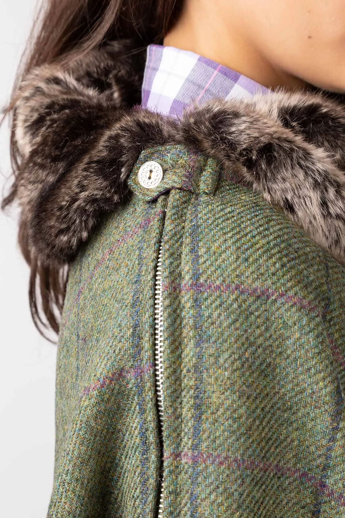 Ladies Wool Tweed Poncho With Faux Fur