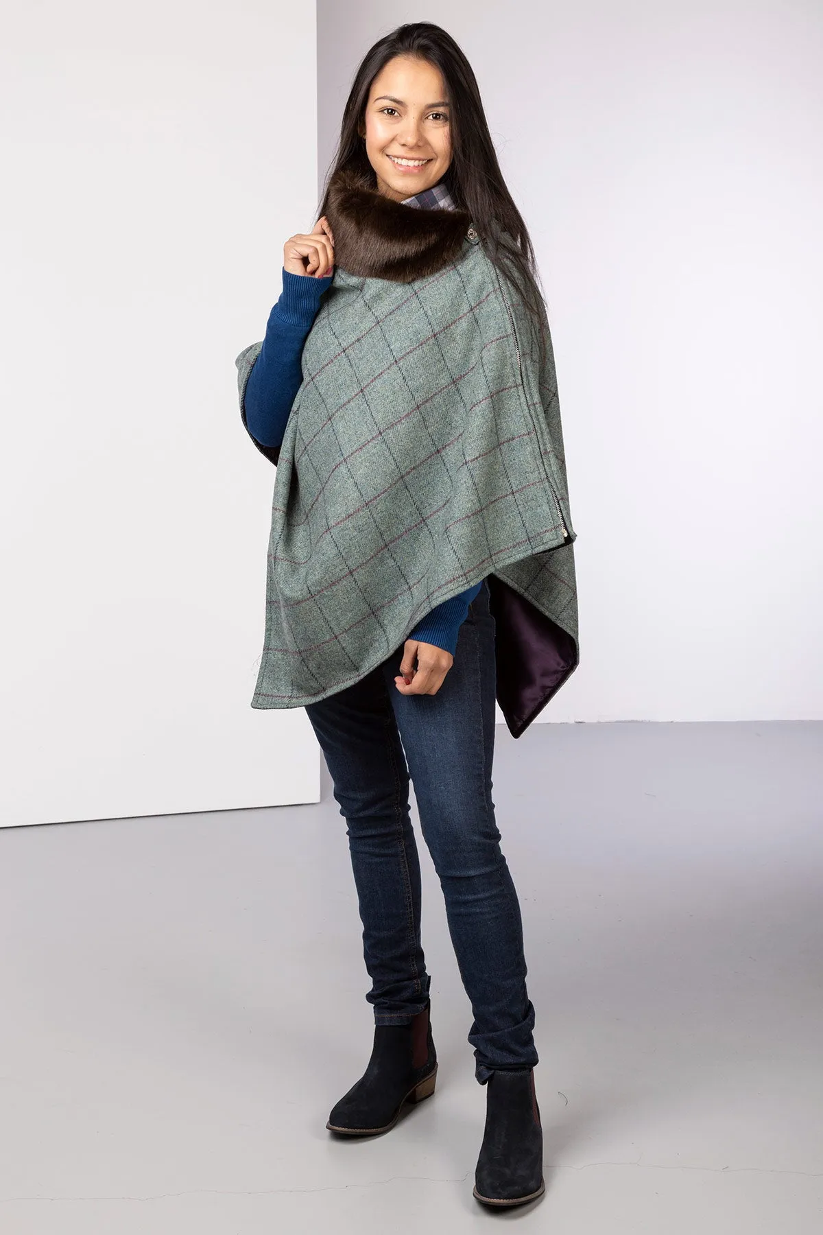 Ladies Wool Tweed Poncho With Faux Fur