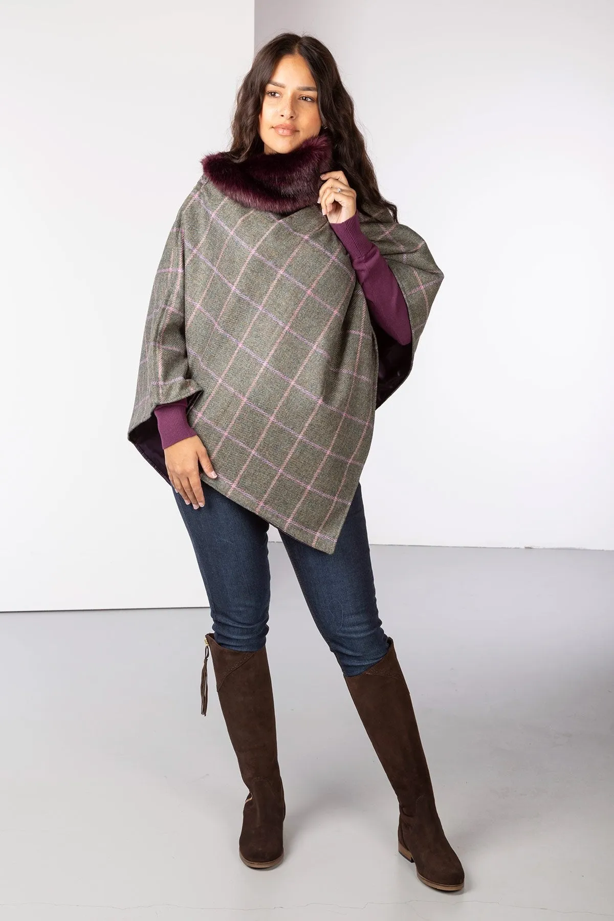 Ladies Wool Tweed Poncho With Faux Fur