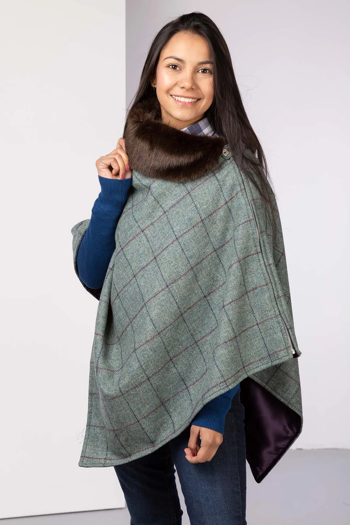 Ladies Wool Tweed Poncho With Faux Fur