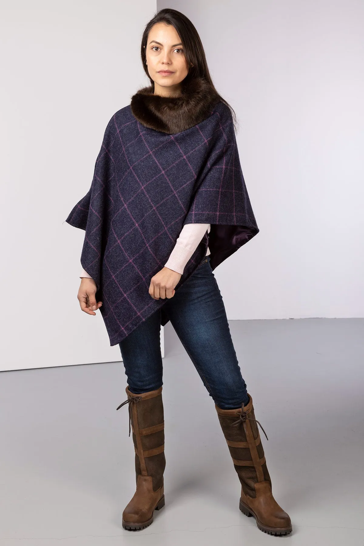 Ladies Wool Tweed Poncho With Faux Fur