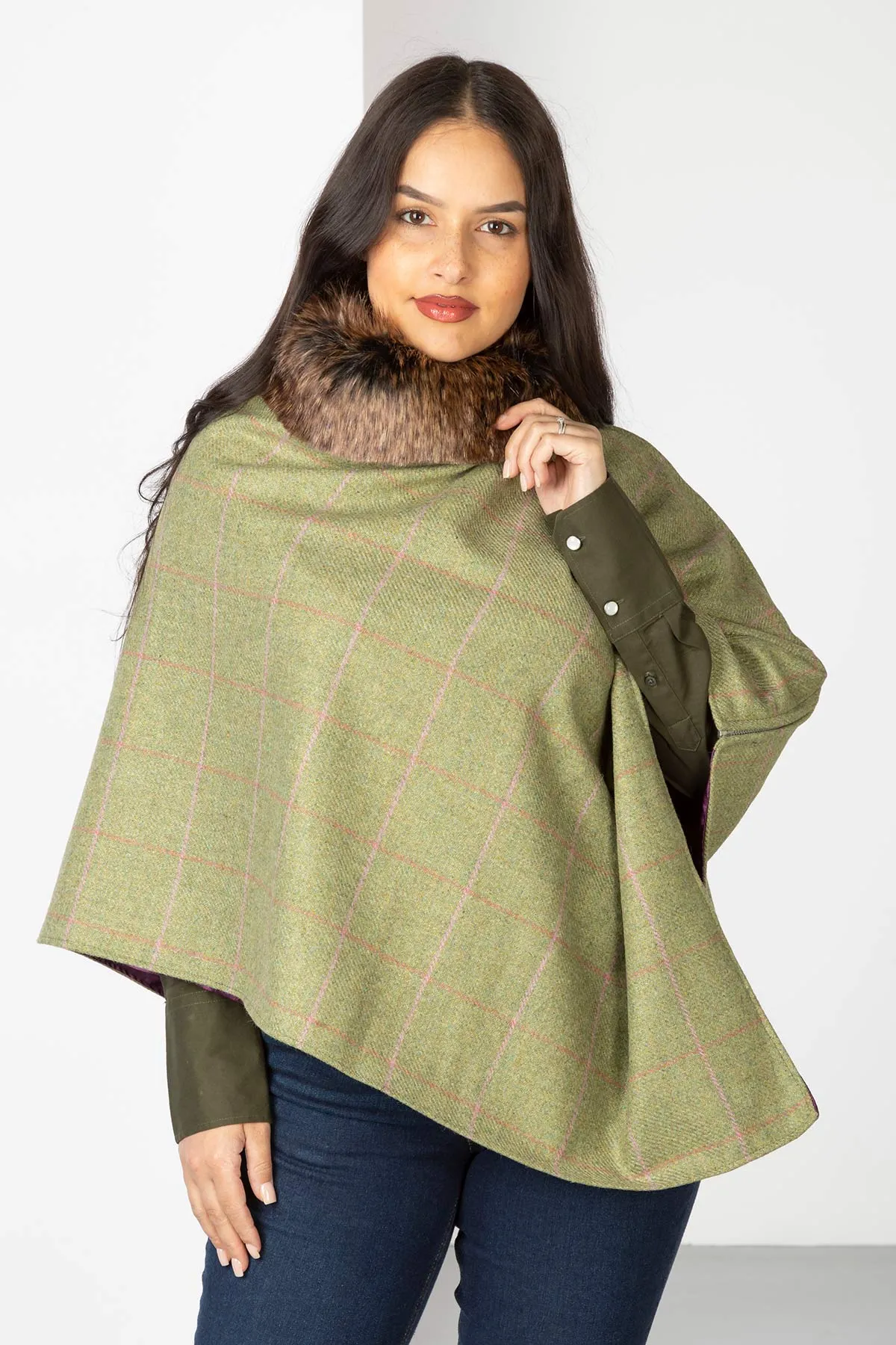 Ladies Wool Tweed Poncho With Faux Fur