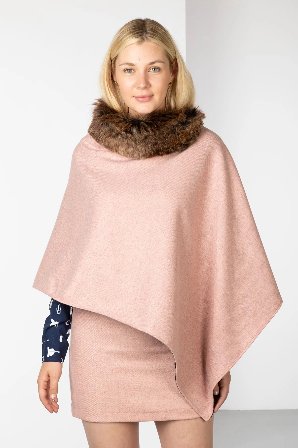 Ladies Wool Tweed Poncho With Faux Fur