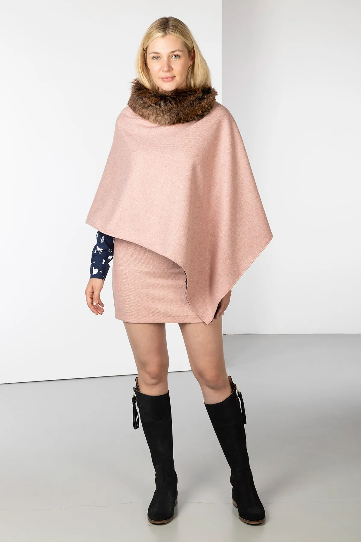 Ladies Wool Tweed Poncho With Faux Fur