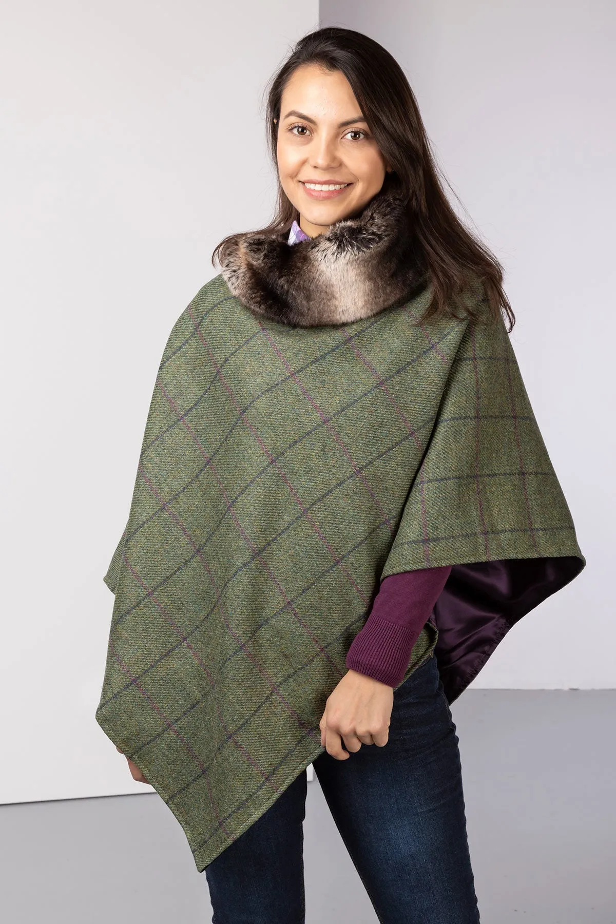 Ladies Wool Tweed Poncho With Faux Fur