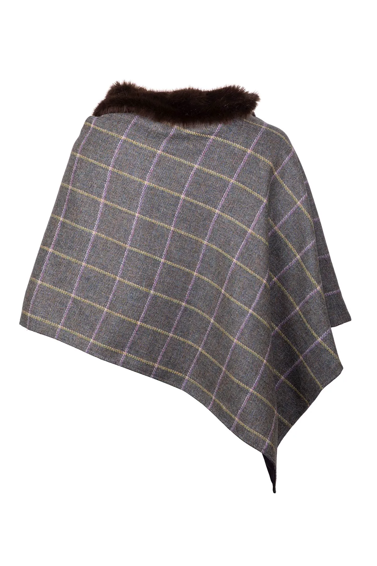 Ladies Wool Tweed Poncho With Faux Fur