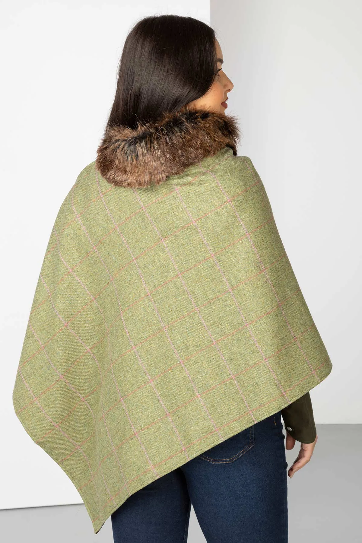 Ladies Wool Tweed Poncho With Faux Fur