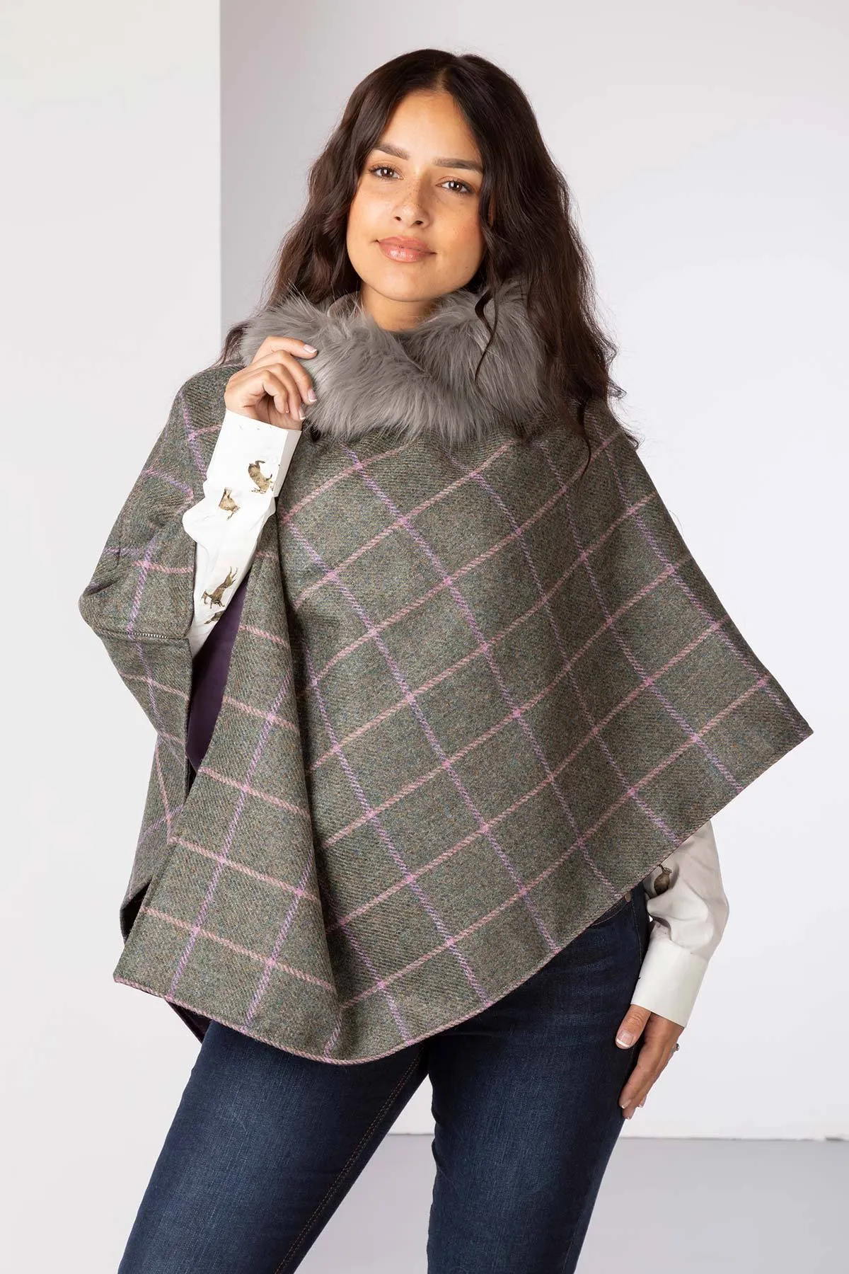 Ladies Wool Tweed Poncho With Faux Fur