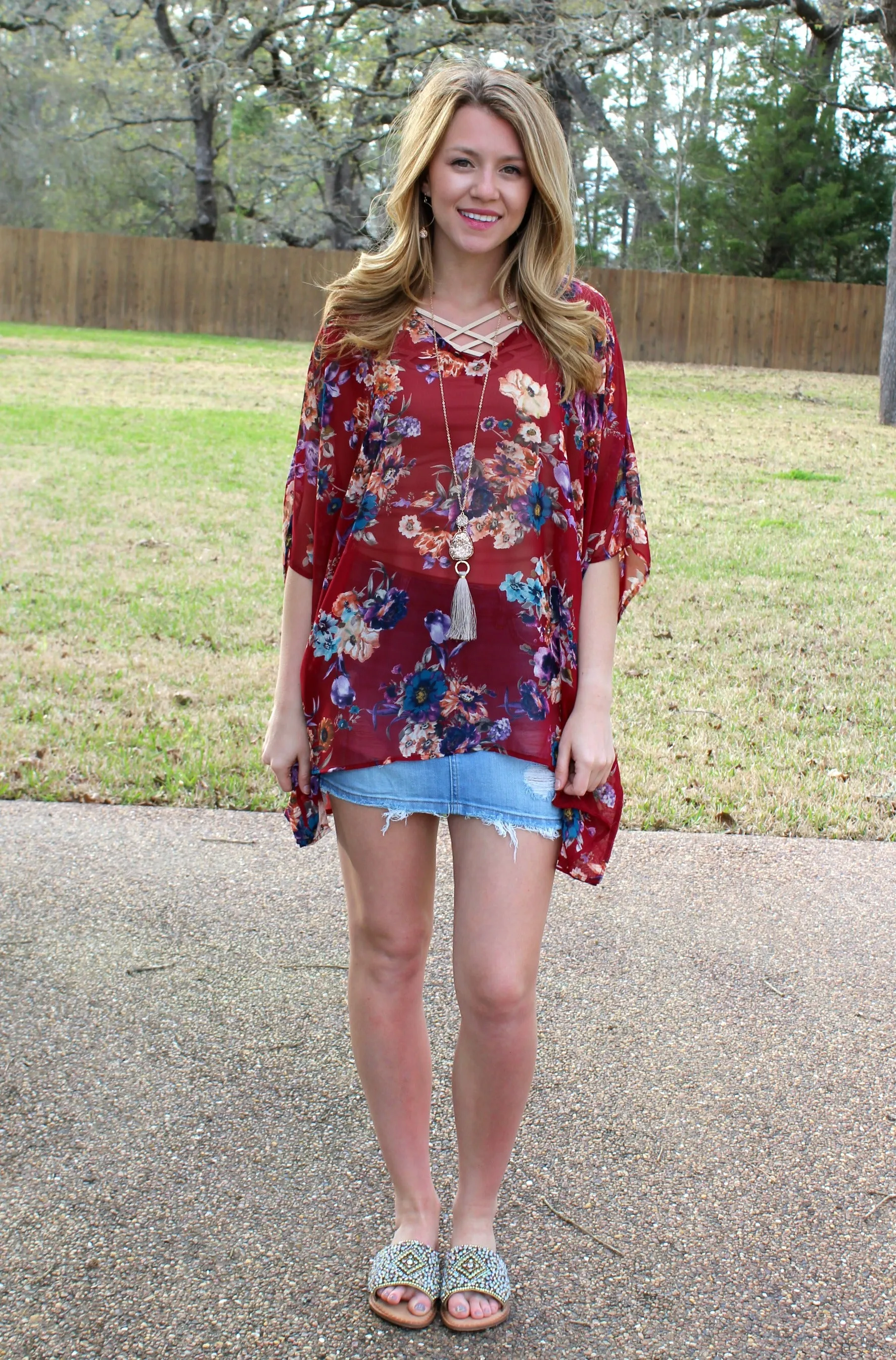 Last Chance Size Medium | Sure Thing Sheer Floral Oversized Poncho Top in Maroon | ONLY 1 LEFT!