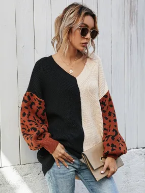 Leopard Color Block V-Neck Tunic Pullover Sweater