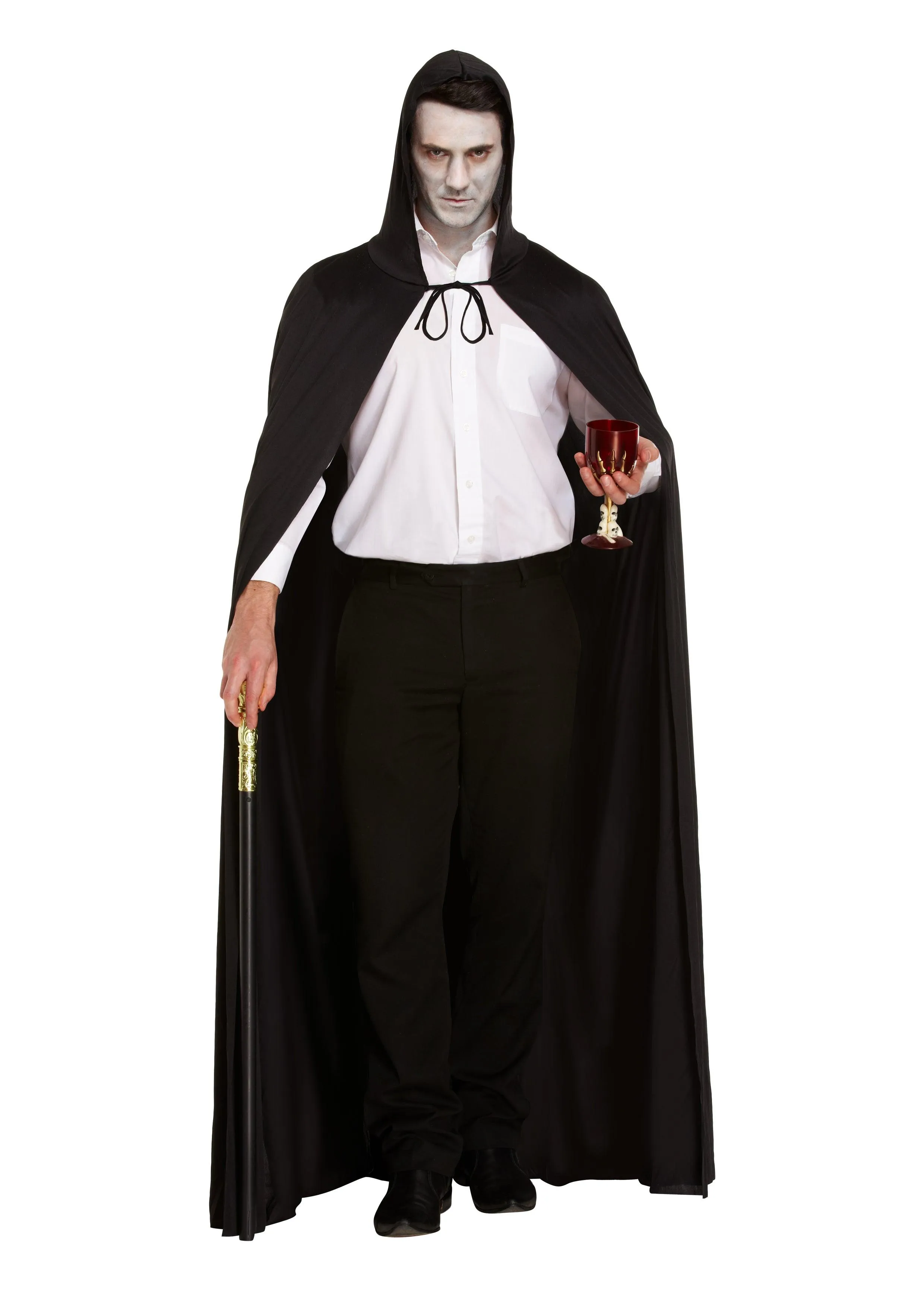 Long Black Cape with Hood, Gold Pimp Cane, and Fake Blood Tube Halloween Gothic Grim Reaper Fancy Dress Costume Set