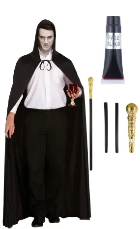 Long Black Cape with Hood, Gold Pimp Cane, and Fake Blood Tube Halloween Gothic Grim Reaper Fancy Dress Costume Set