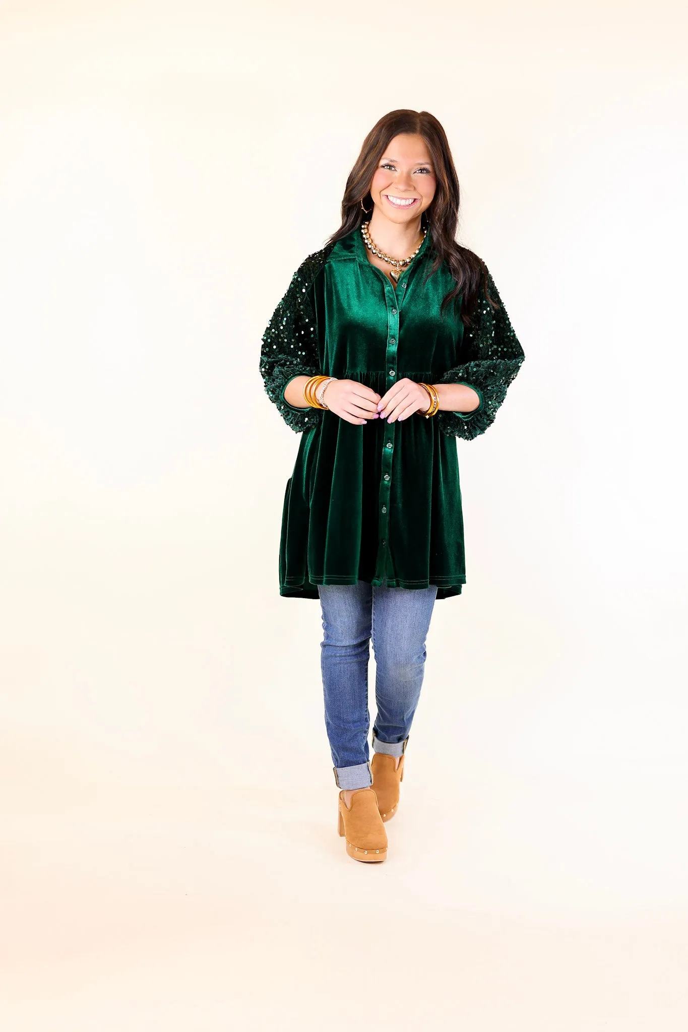 Love Link Button Up Velvet and Sequin Half Sleeve Babydoll Tunic Top in Hunter Green