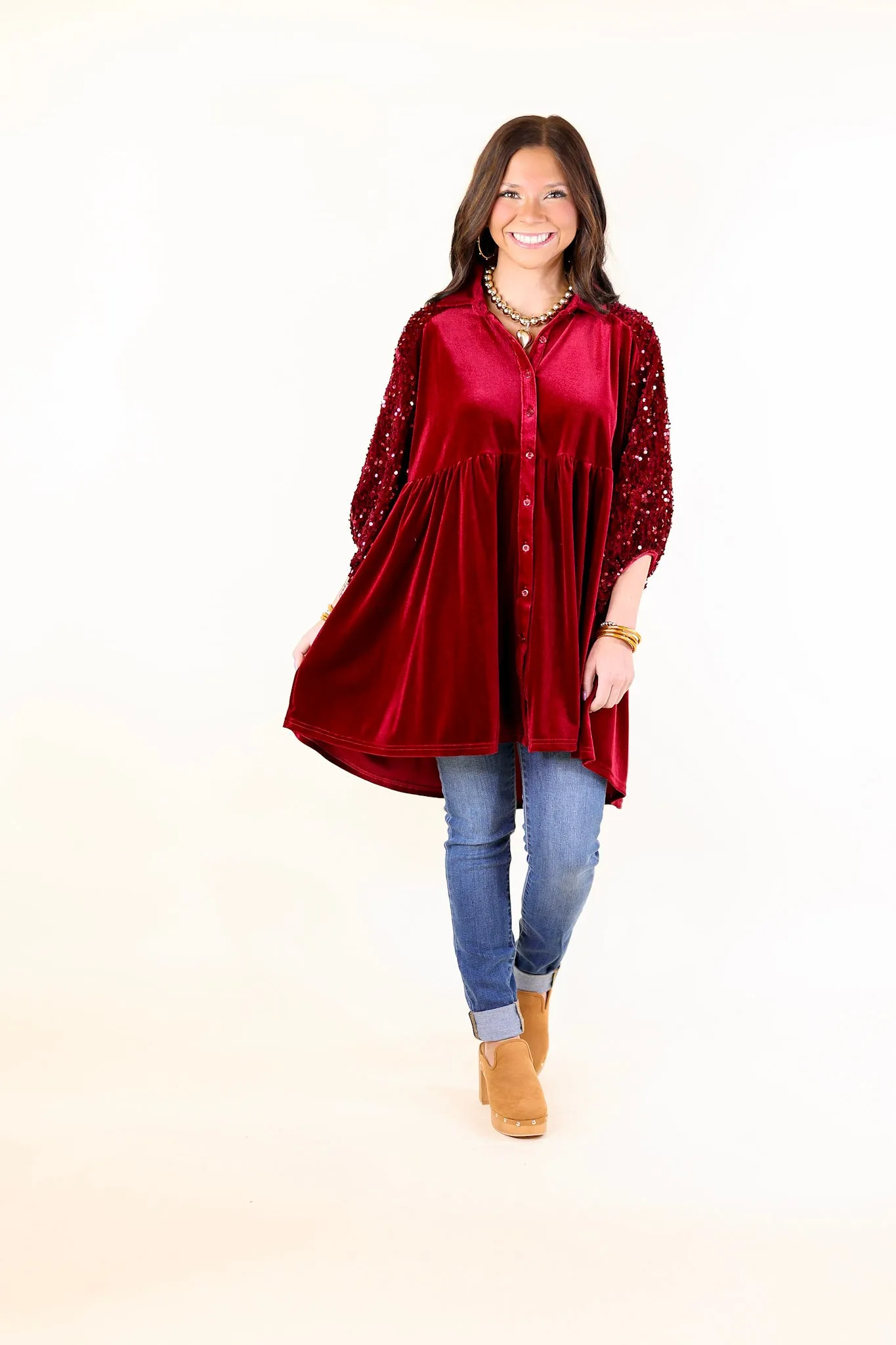 Love Link Button Up Velvet and Sequin Half Sleeve Babydoll Tunic Top in Wine Red