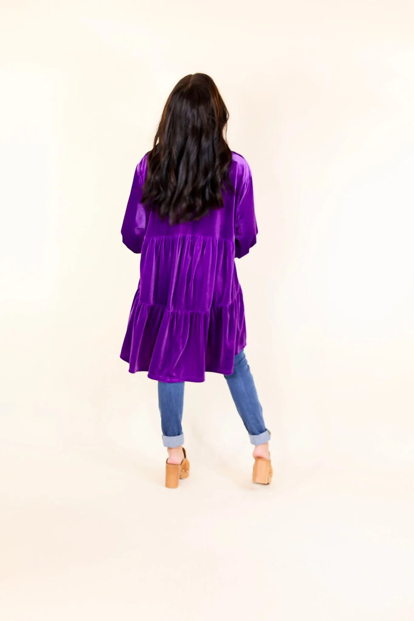 Love Link Button Up Velvet Half Sleeve Babydoll Tunic Top in Violet Purple