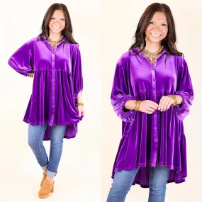 Love Link Button Up Velvet Half Sleeve Babydoll Tunic Top in Violet Purple