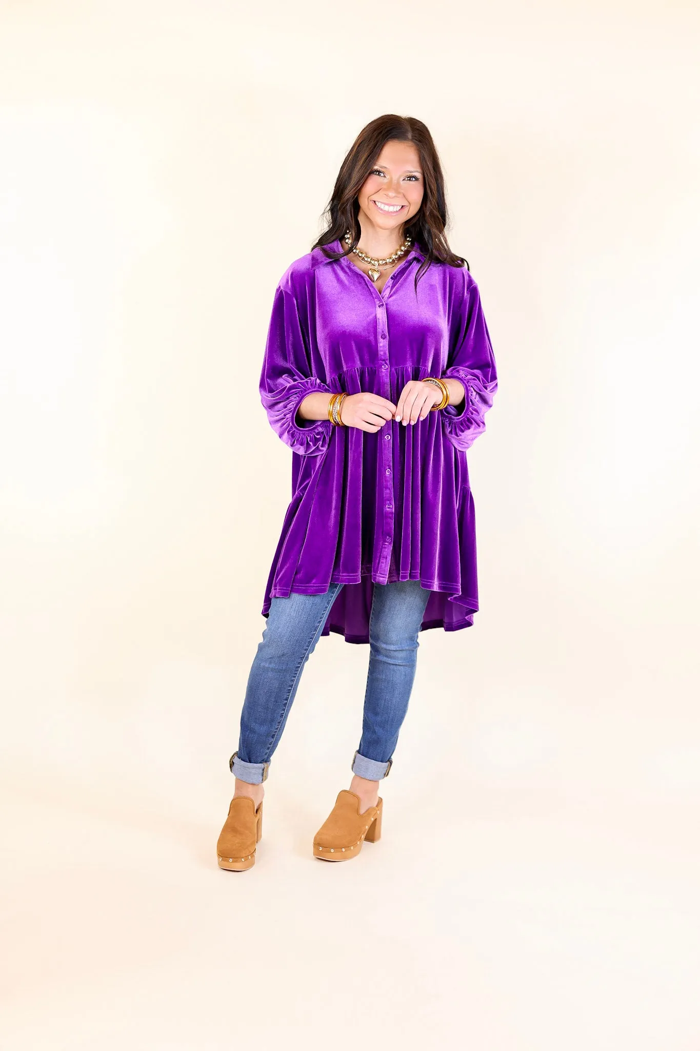 Love Link Button Up Velvet Half Sleeve Babydoll Tunic Top in Violet Purple