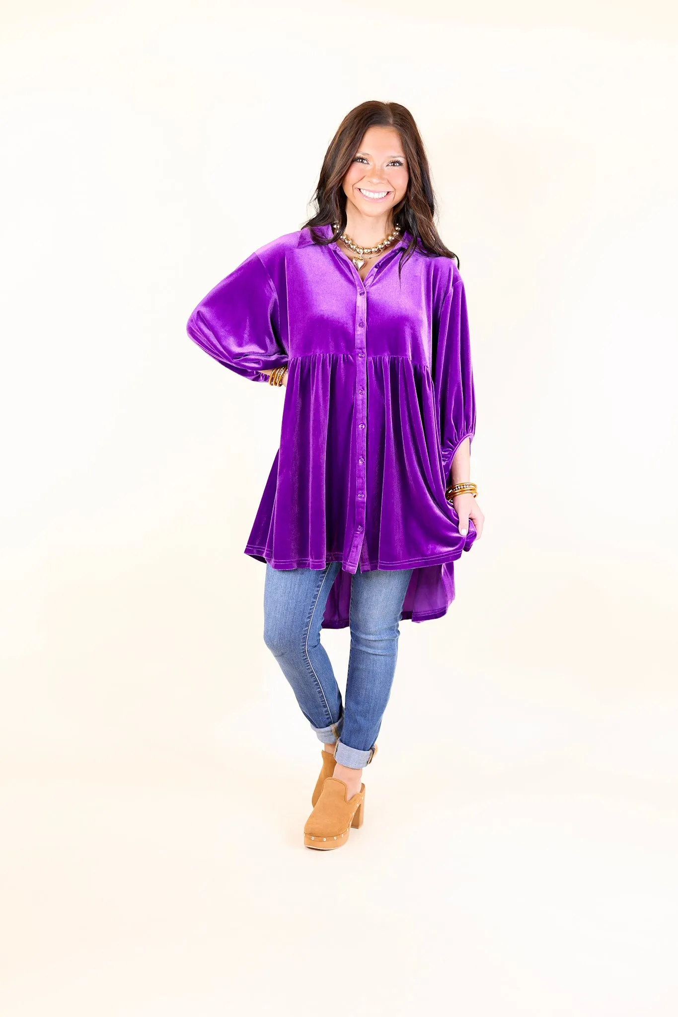 Love Link Button Up Velvet Half Sleeve Babydoll Tunic Top in Violet Purple