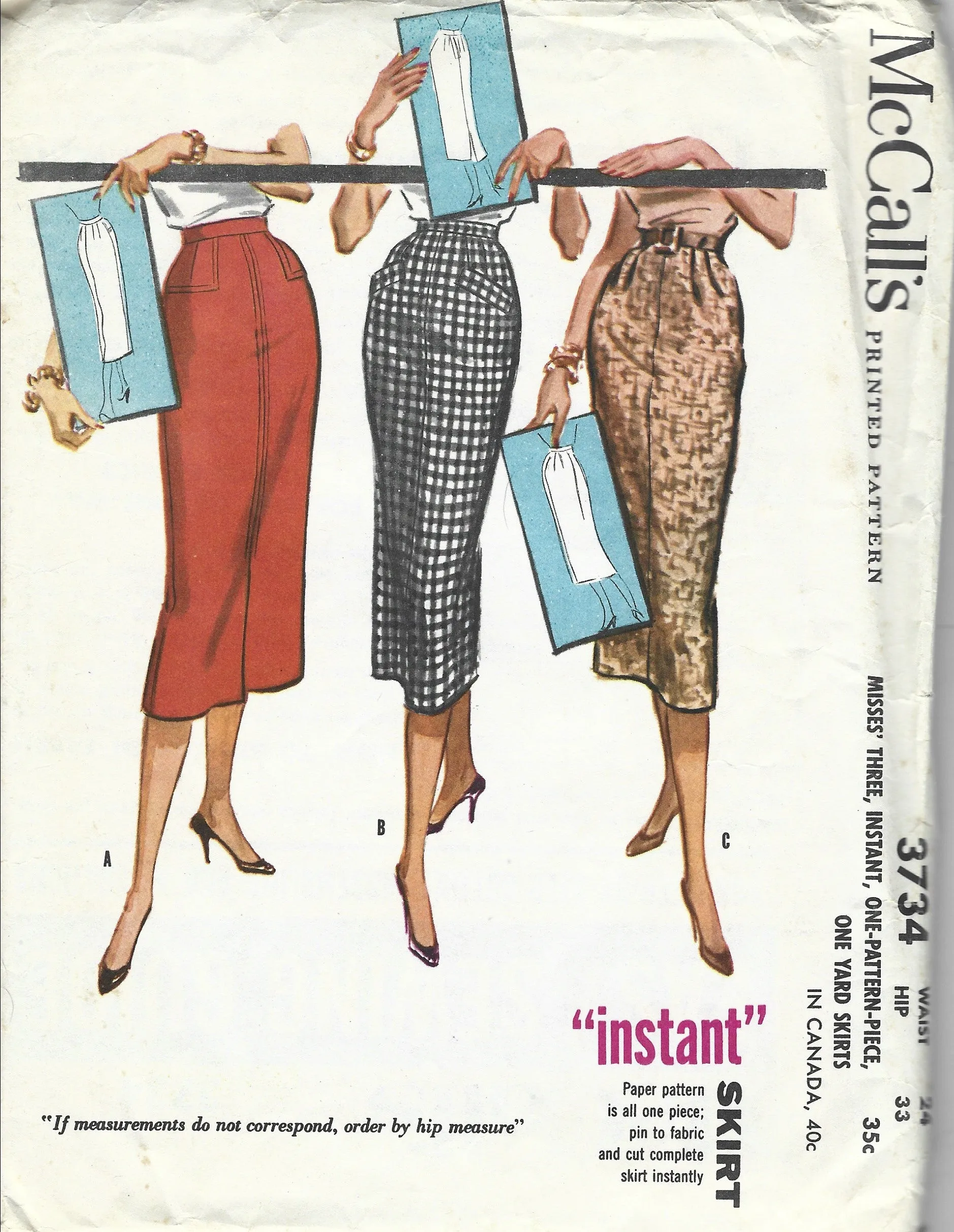 McCalls 3734 Ladies Instant Skirt Vintage Sewing Pattern 1950s