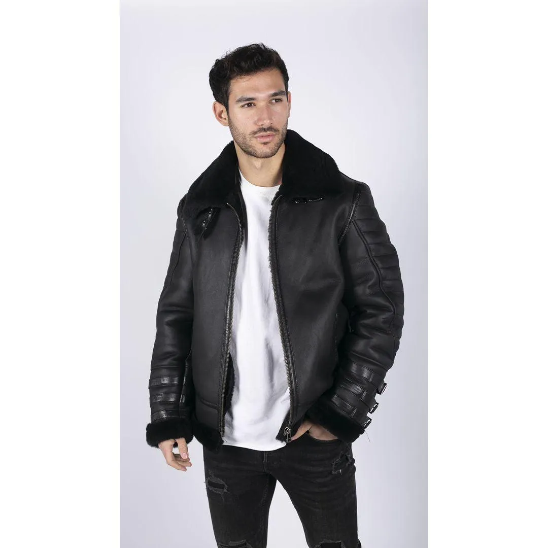 Mens Black Real Sheepskin Flying Jacket Zipped WW2 Pilot Black Winter Warm Coat