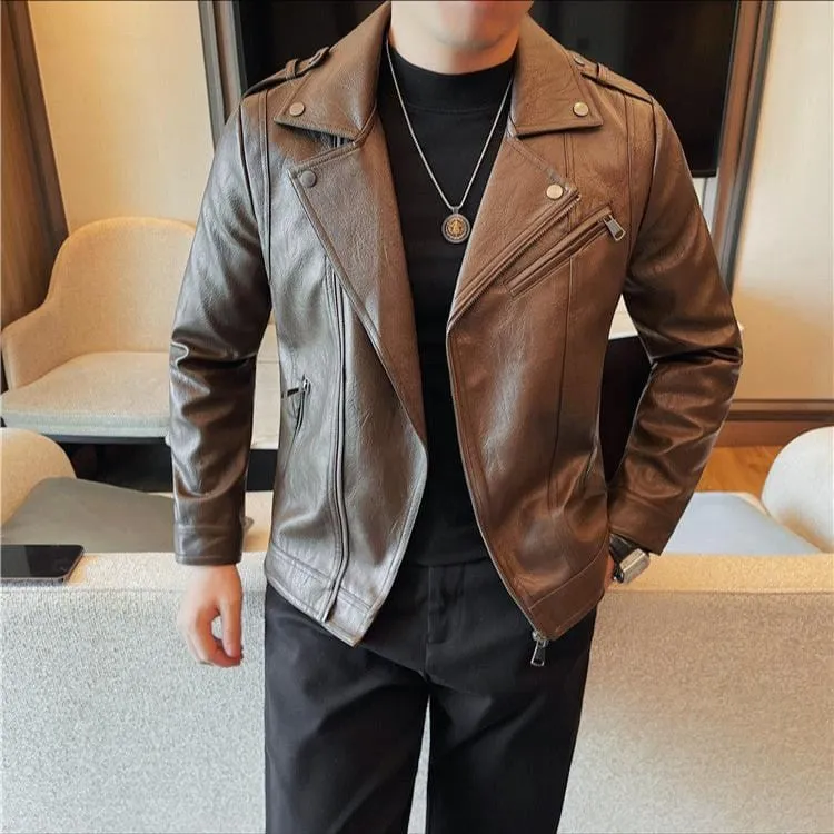 Men’s High-Quality Leather Motorcycle Jacket – Vintage Turn-Down Collar Coat