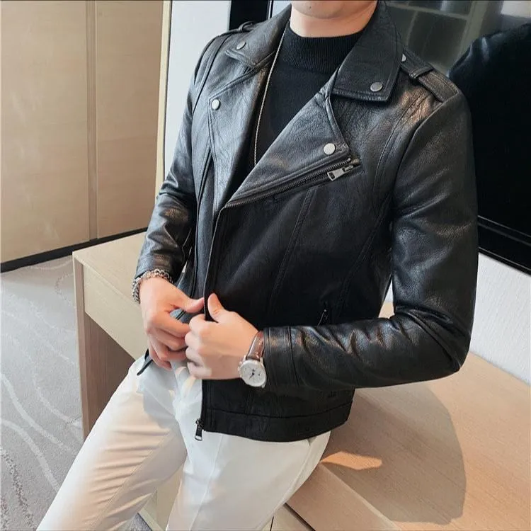 Men’s High-Quality Leather Motorcycle Jacket – Vintage Turn-Down Collar Coat