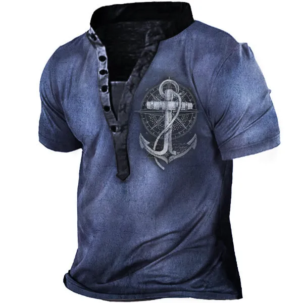 Men's Nautical Anchor Print Vintage Henley Short Sleeve T-Shirt