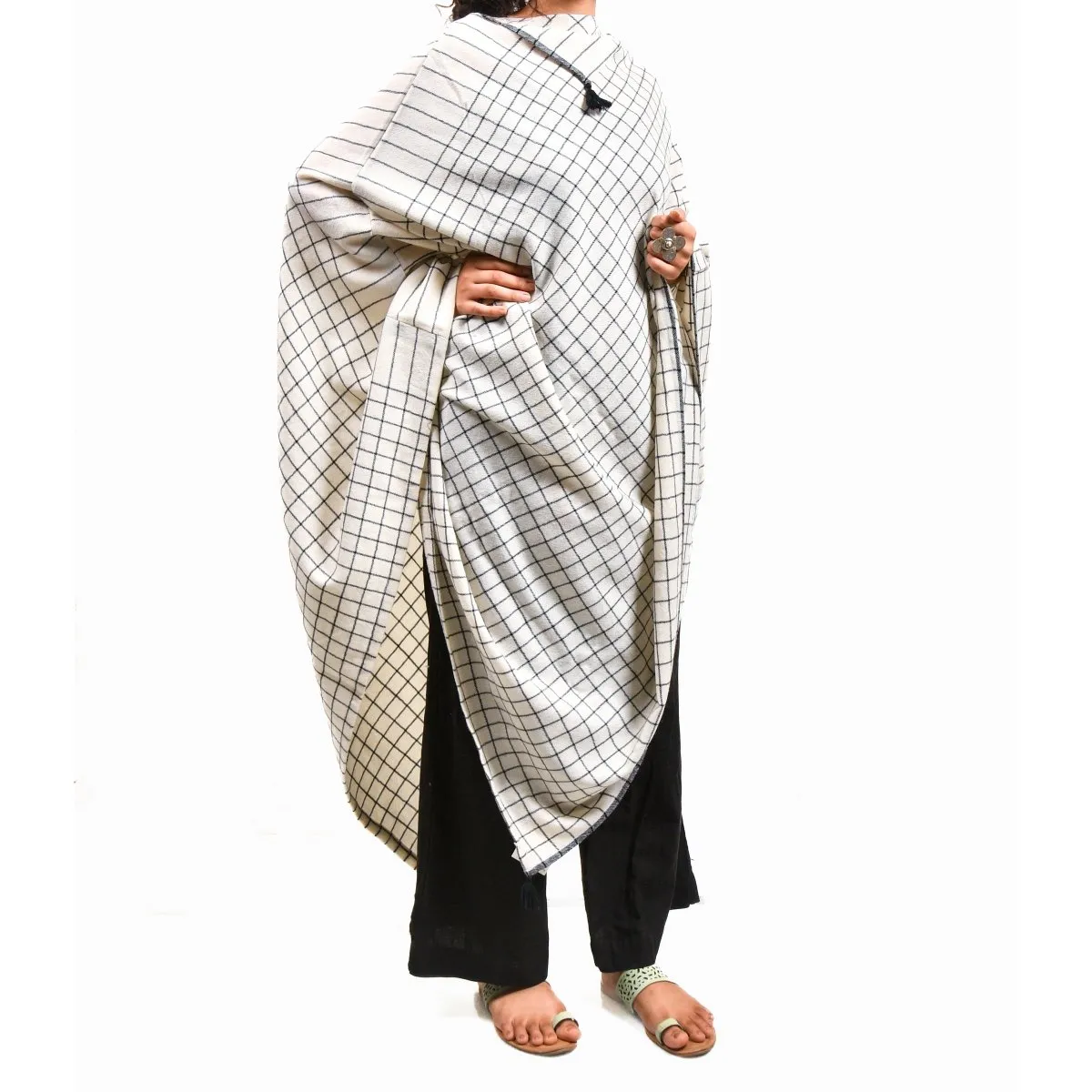 Merino Wool Ecru Check Cape