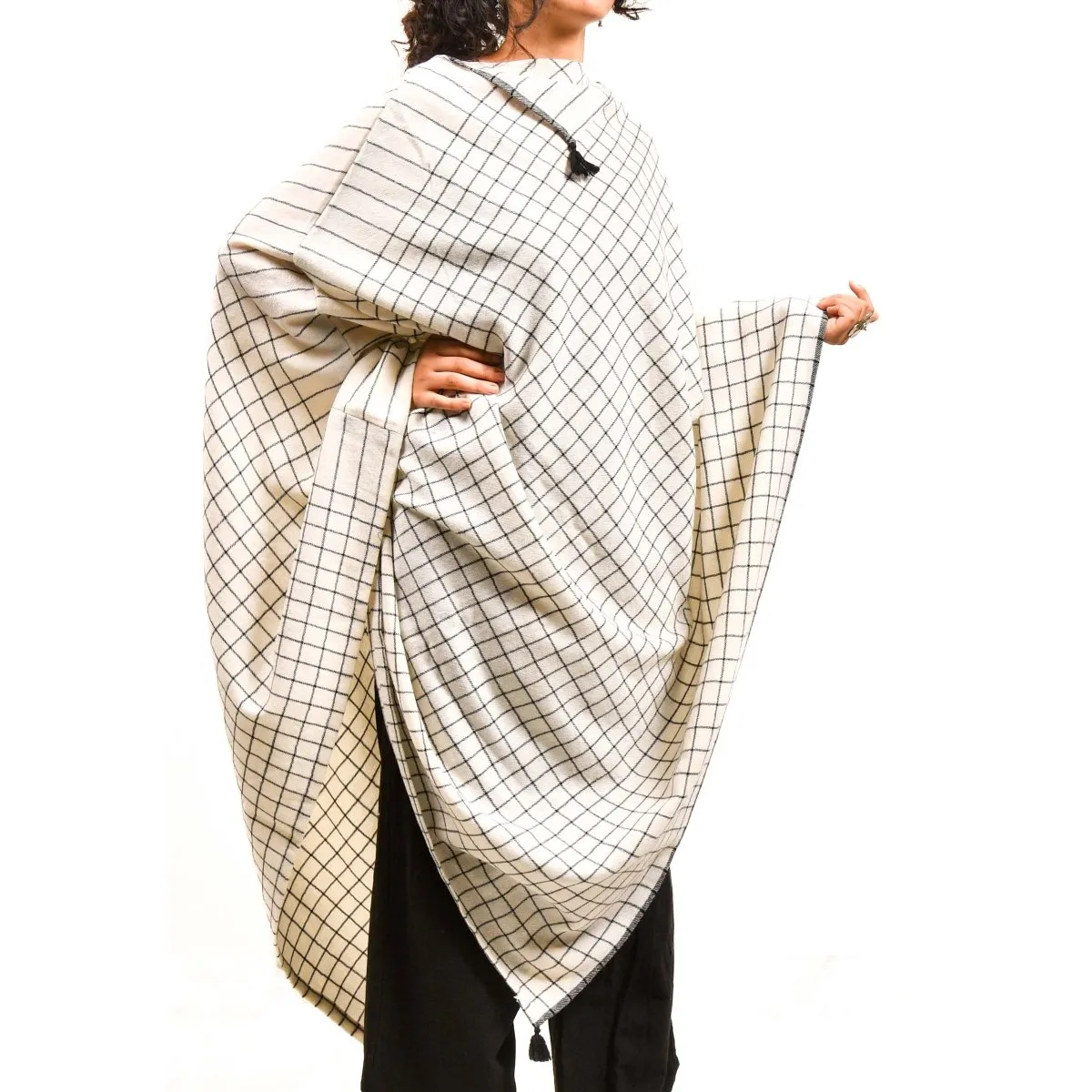 Merino Wool Ecru Check Cape