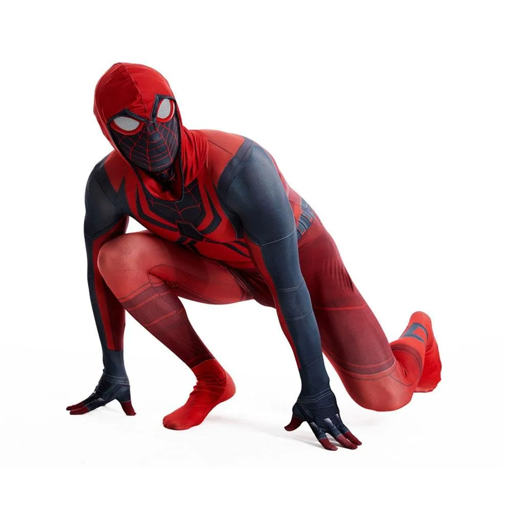 Miles Morales Crimson Cowl Spider Man Costume Red Cape Halloween Cosplay for Kids and Adults