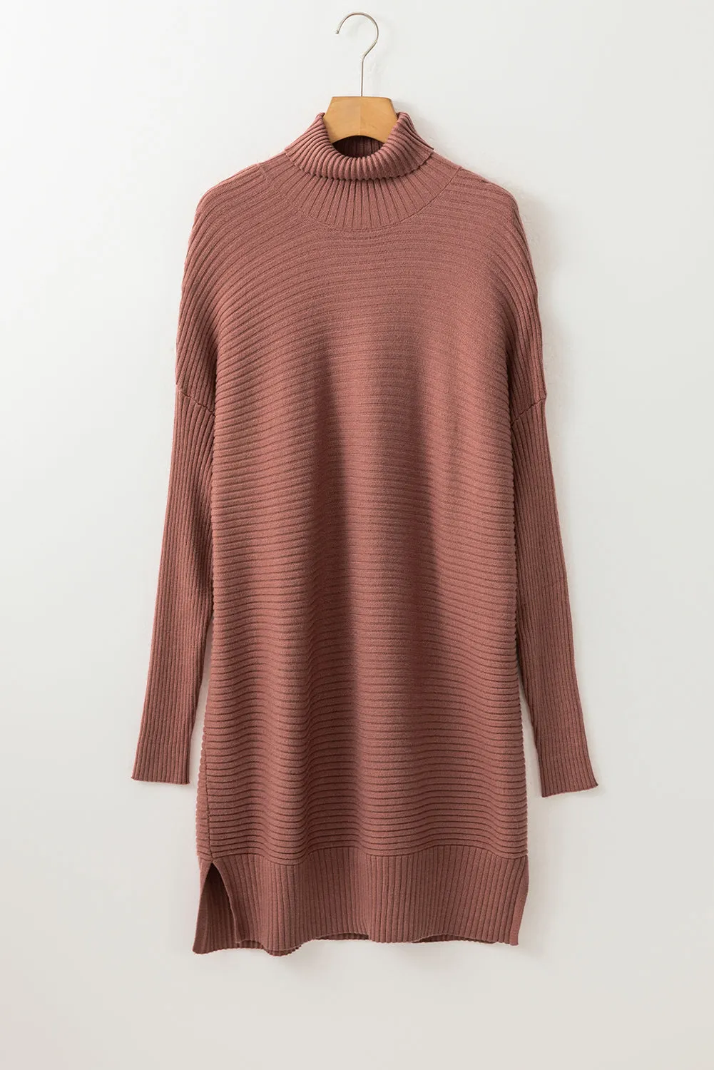 Mineral Red Turtleneck Ribbed Knit Tunic Sweater