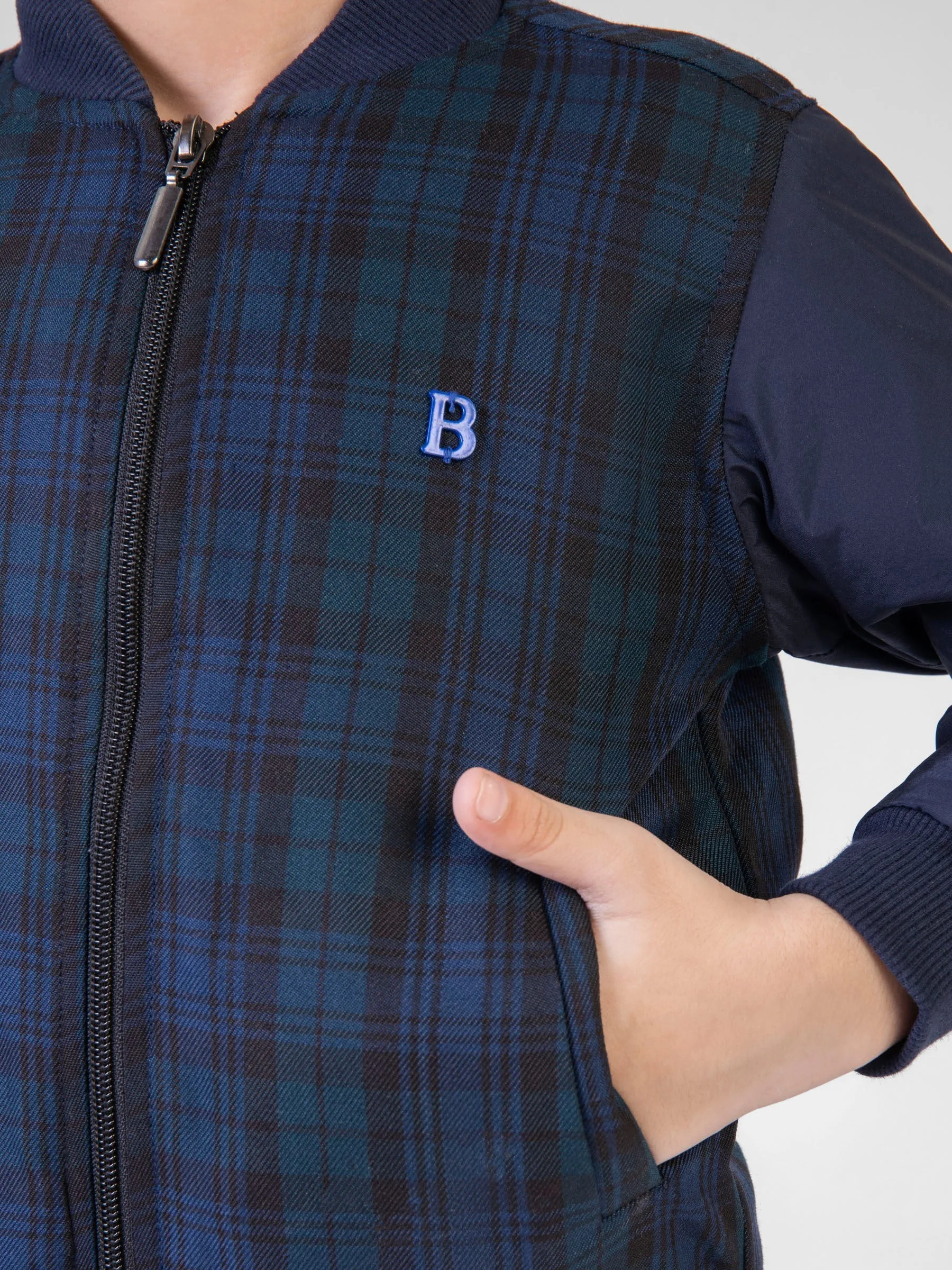 Navy Blue & Green Checkered Quilted Bomber Jacket