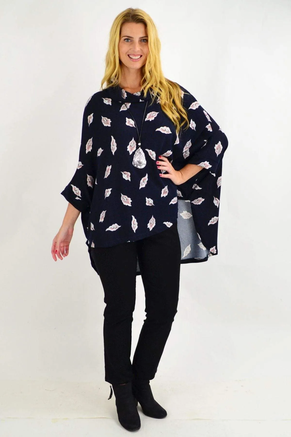 Navy Cowl Neck Poncho Tunic Top