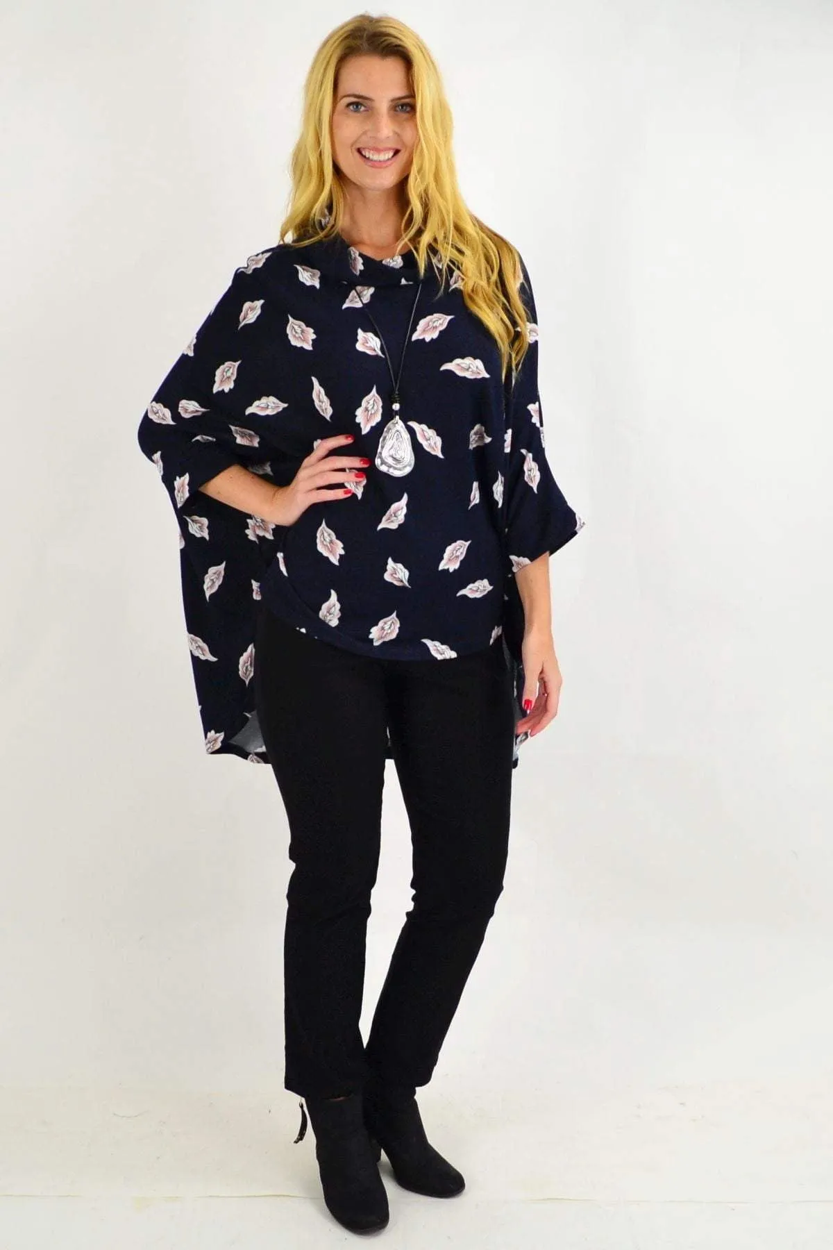 Navy Cowl Neck Poncho Tunic Top