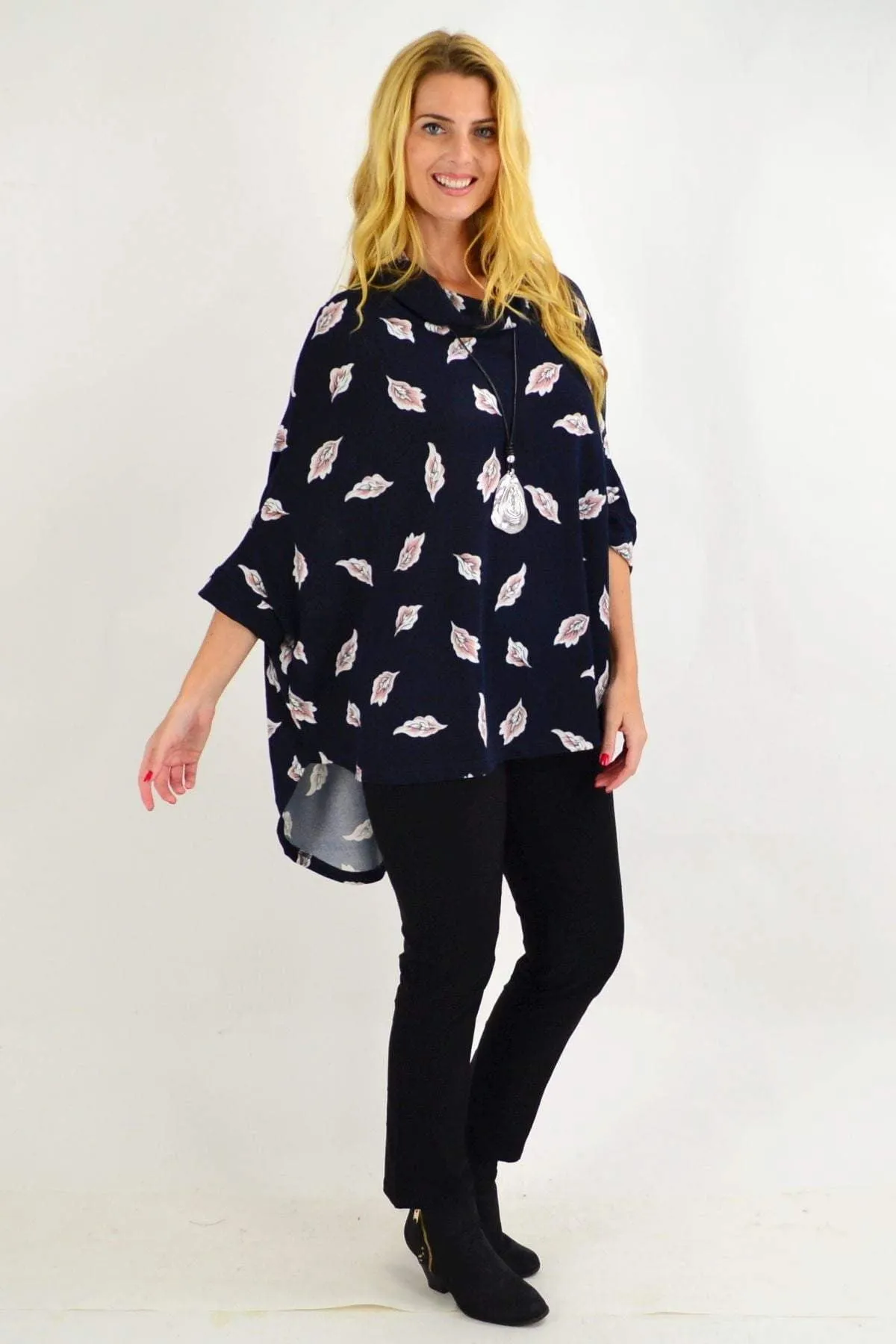 Navy Cowl Neck Poncho Tunic Top