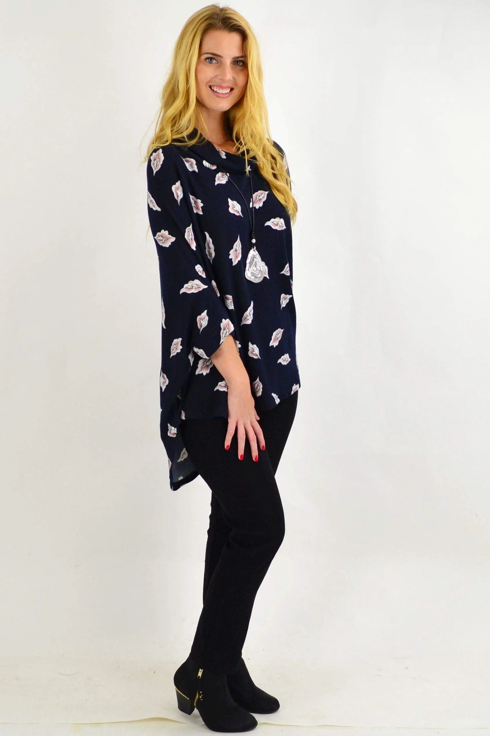 Navy Cowl Neck Poncho Tunic Top