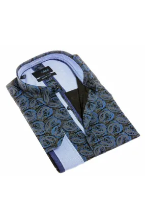 Navy Paisley Button Down Shirt W/Trim