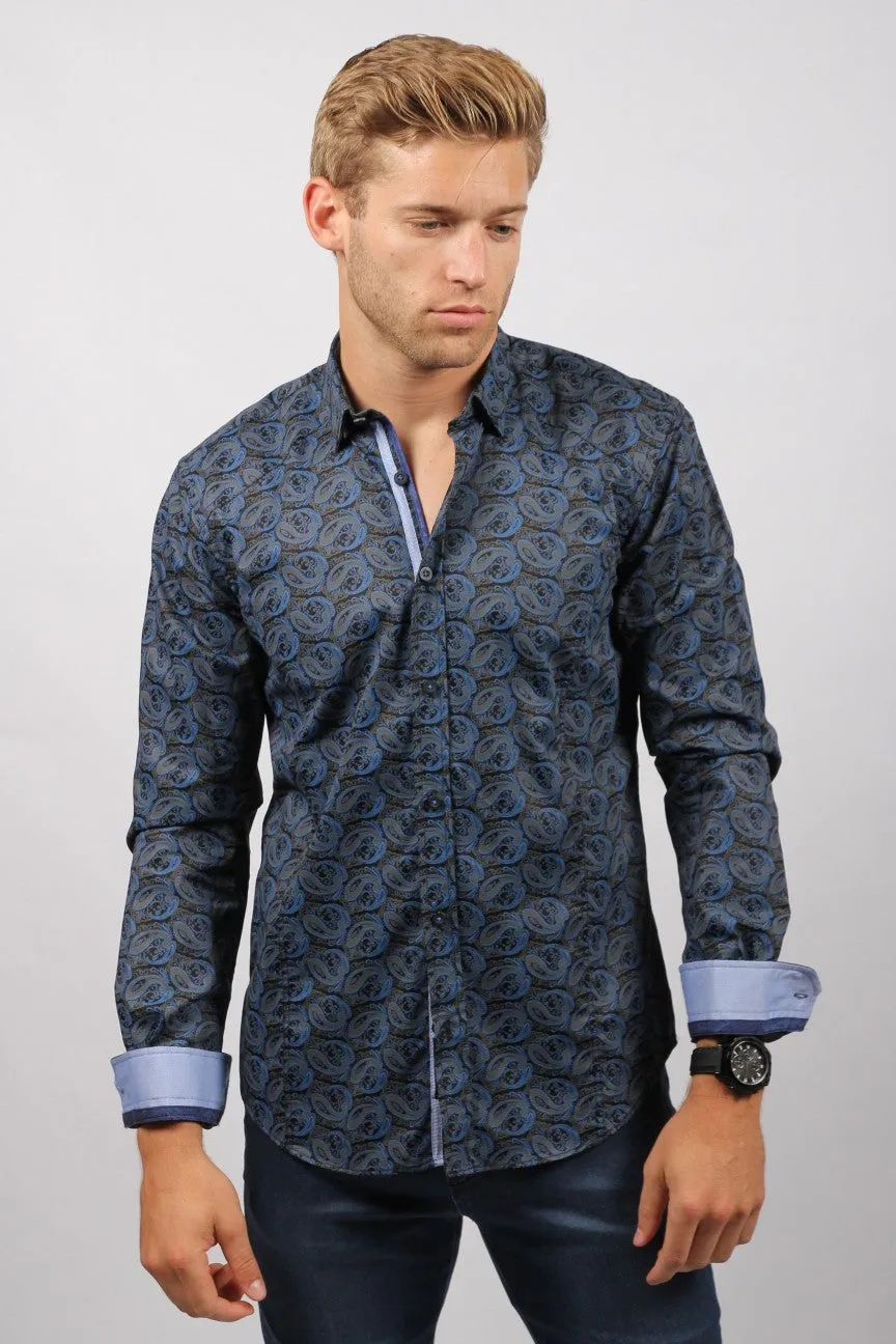 Navy Paisley Button Down Shirt W/Trim