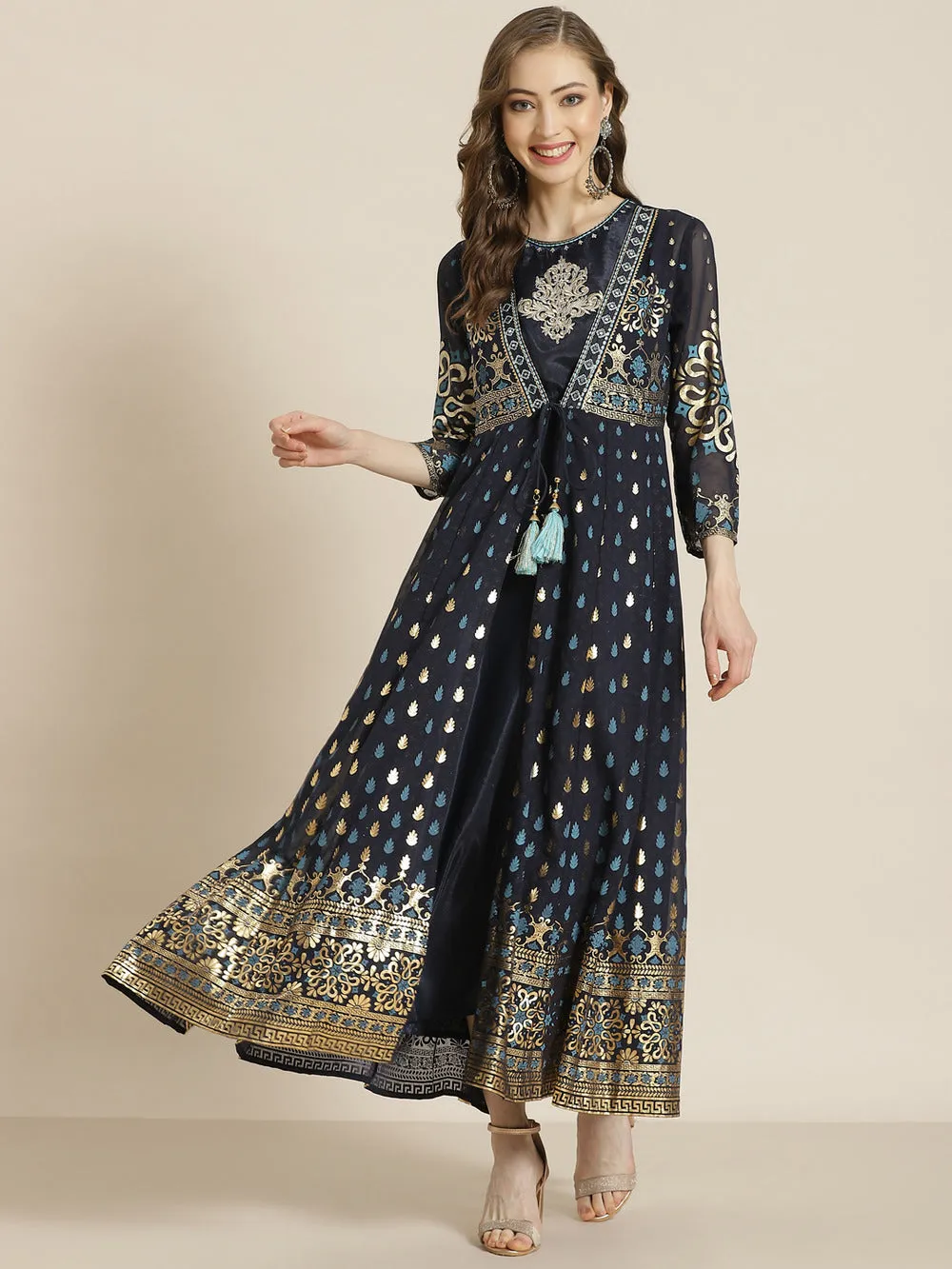 Navyblue Georgette Printed Jacket Style Maxi Dress