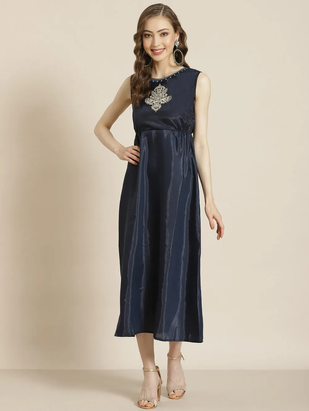 Navyblue Georgette Printed Jacket Style Maxi Dress