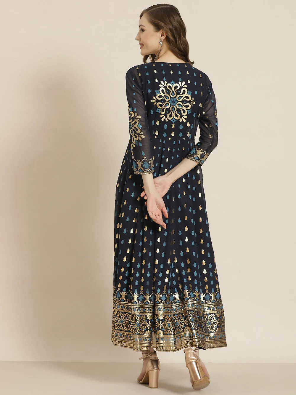 Navyblue Georgette Printed Jacket Style Maxi Dress