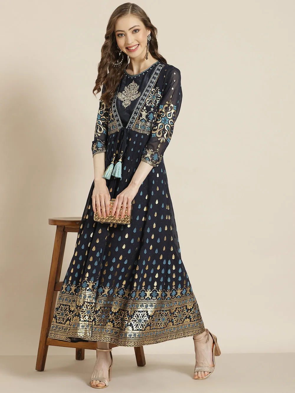 Navyblue Georgette Printed Jacket Style Maxi Dress