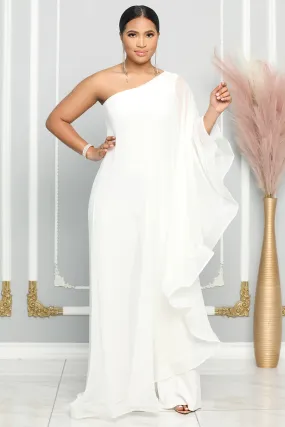 One Shoulder Single Long Sleeve Ruffled Trim Cape Straight Leg White Jumpsuit