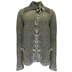 Oscar de la Renta Black / White Woven Tweed Cardigan Sweater